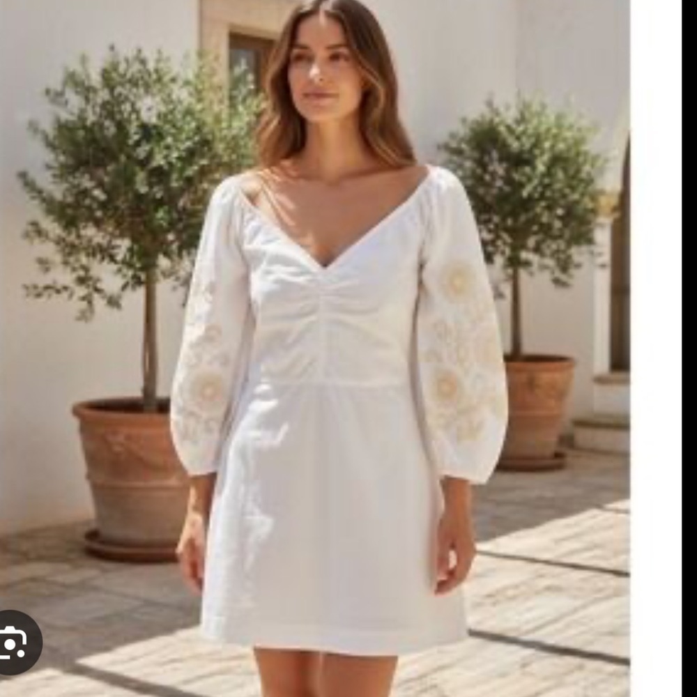 LOFT White Mini Dress with Embroidered Floral Sleeves 6